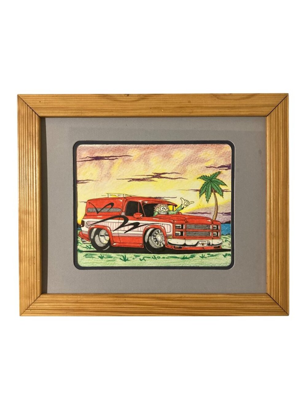 Retro Cartoon Mixed Media Drawing Of Surfer In Truck Hang Ten Signed Smith 90